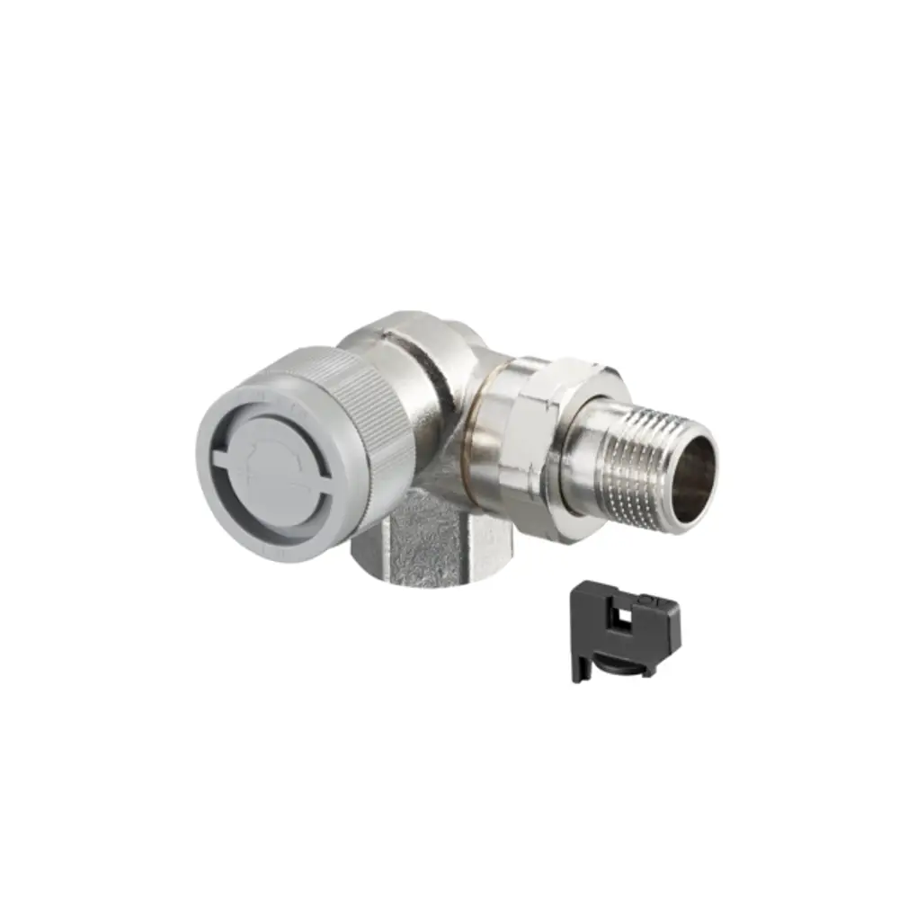 Thermostatventil der Marke Oventrop in Winkeleck-Form mit Anschluss für Rohrleitungen, aus Metall, mit einem drehbaren Regler und einem separaten Clip.
